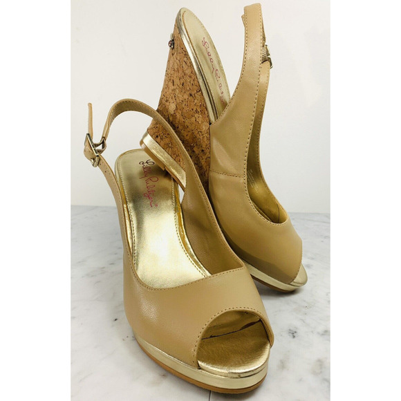 Lilly Pulitzer Kristen Slingback Wedge 9M Natural w Gold Accent 4.5" Cork EUC - Picture 1 of 14